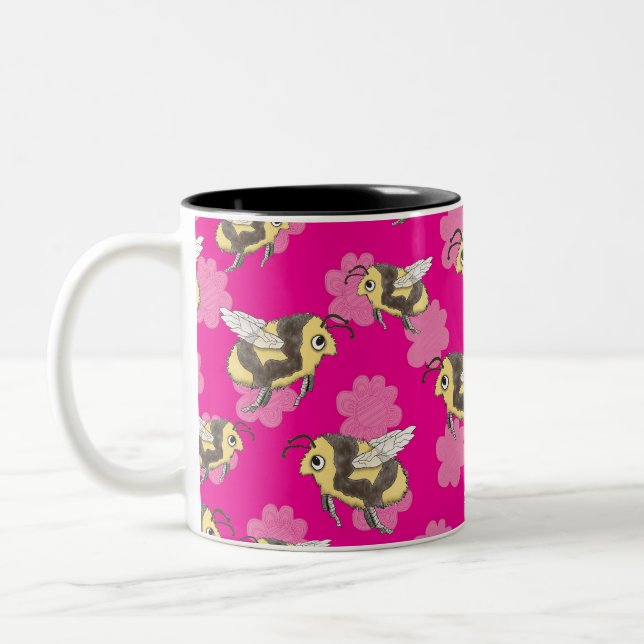 Save the bees mug on pink floral background (Left)