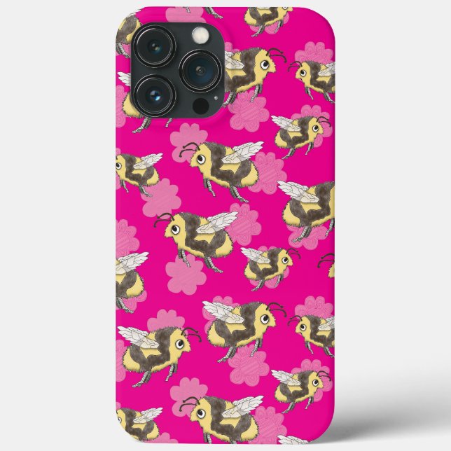 Save the bees mug on pink floral i phone 13 case (Back)