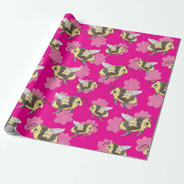Save the Bees on pink florals wrapping paper (Unrolled)