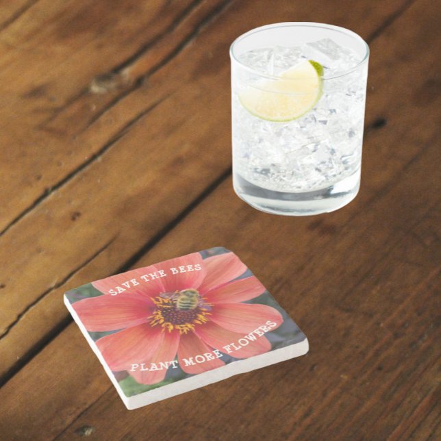 Save the Bees Orange Dahlia Floral Stone Coaster (In Situ Table)