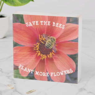Save the Bees Orange Dahlia Floral Wooden Box Sign