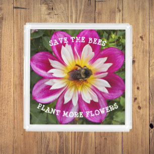 Save the Bees Pink Collarette Dahlia Floral Acrylic Tray