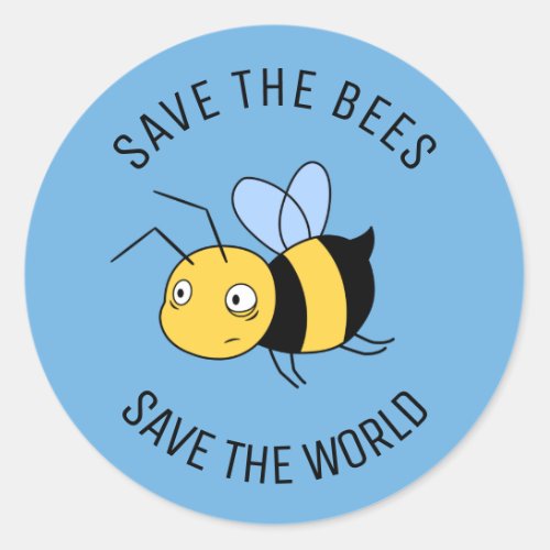 Save the Bees Tired Worker Bee on Blue Classic Round Sticker