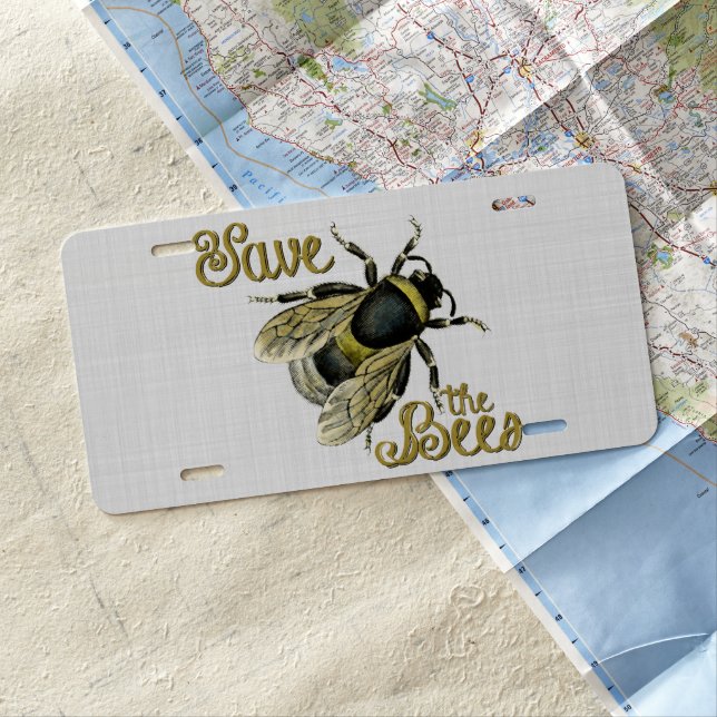 Save the Bees vintage illustration License Plate (In Situ)