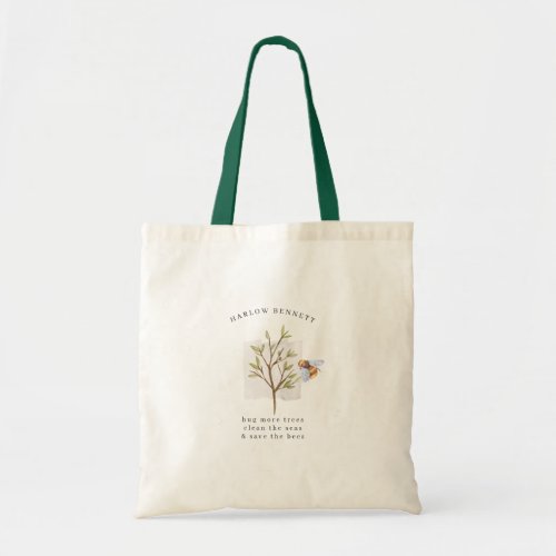 Save the Bees  Watercolor Greenery Monogram Tote Bag