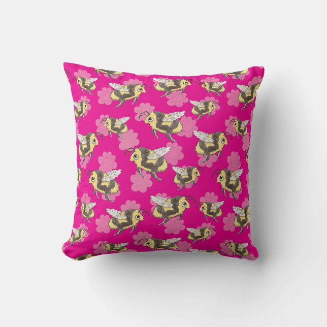 Save the bees with pink flowers throw pillow (Front)
