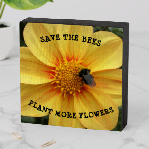 Save the Bees Yellow Dahlia Floral Wooden Box Sign