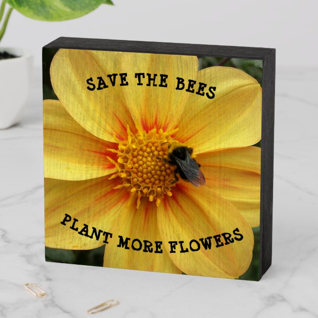 Save the Bees Yellow Dahlia Floral Wooden Box Sign (In Situ Horizontal)