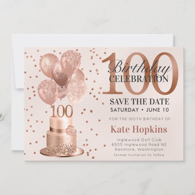 Save The Date 100th Birthday Rose Gold Cake (Front)