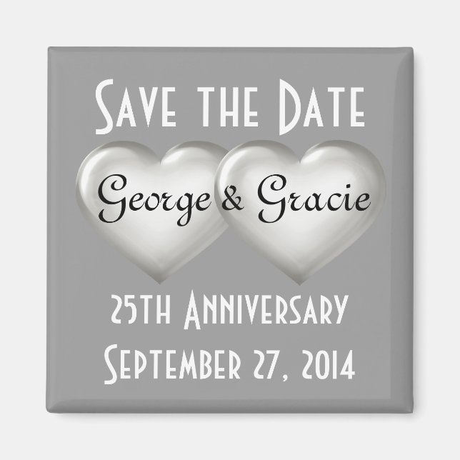 Save the date 25th anniversary silver glass hearts magnet (Front)