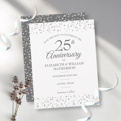 Save the Date 25th Anniversary Silver Love Hearts Postcard