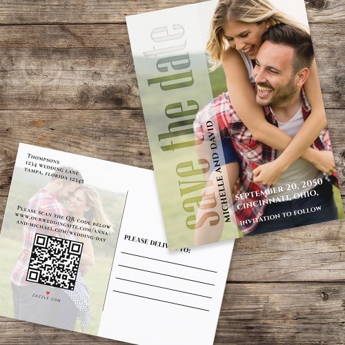 Save the Date 2 Photo QR Code Modern Typography Announcement Postcard
