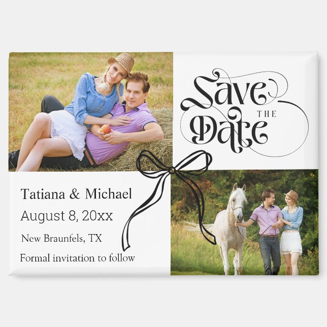 save the date 2 photos coquette bow ribbon modern magnet (Front)