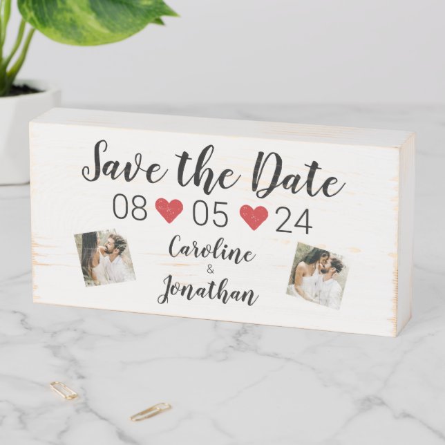 Save the Date 2 Photos Hand lettered Rustic Prop Wooden Box Sign (In Situ Horizontal)