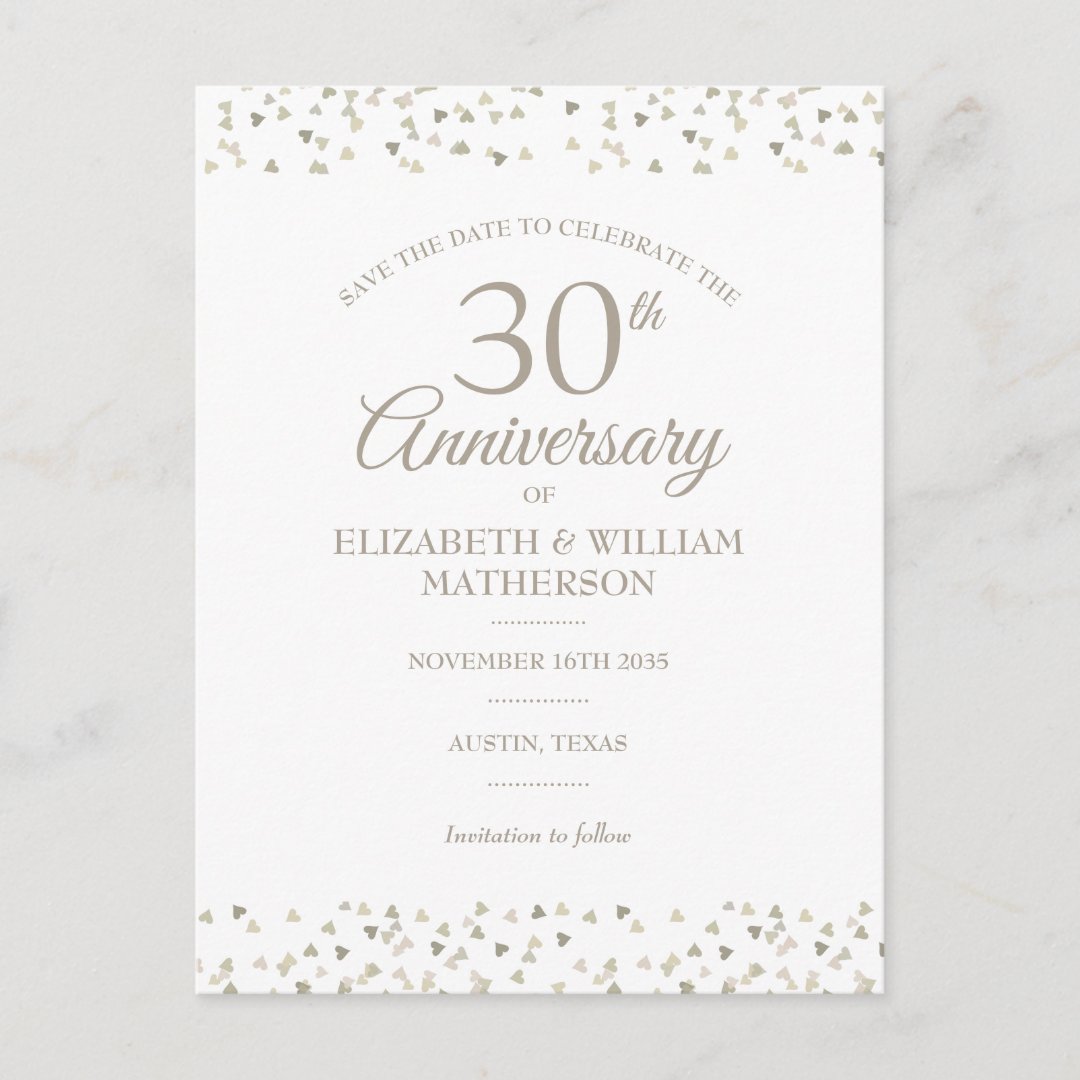 Save The Date 30th Anniversary Hearts Confetti Announcement Postcard 