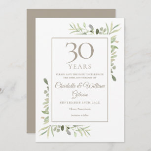 Save the Date 30th Wedding Anniversary Greenery Invitation