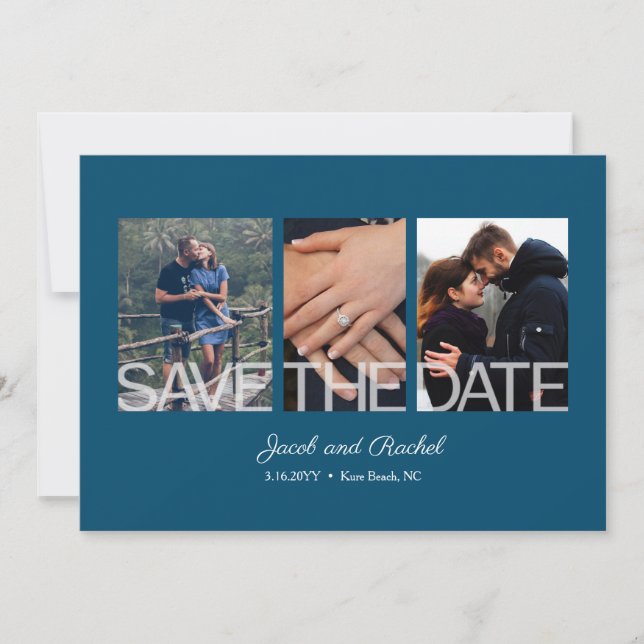 Save the Date 3-Photo Blue Wedding Engagement (Front)