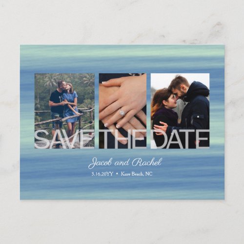 Save the Date 3_Photo Collage Beach Blue Wedding Postcard