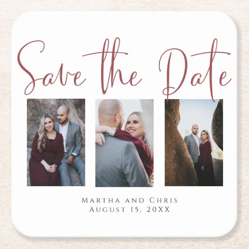 Save the Date 3 Photo Collage Modern Script Chic Square Paper Coaster