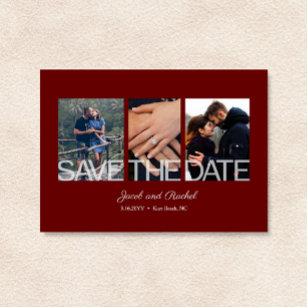Save the Date 3-Photo Collage Red Burgundy Magnet