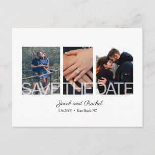Save the Date 3-Photo Collage Simple White Wedding Postcard