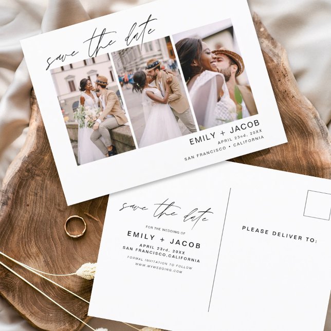 Save the Date 3 Photo Elegant Editable Postcard (Creator Uploaded)