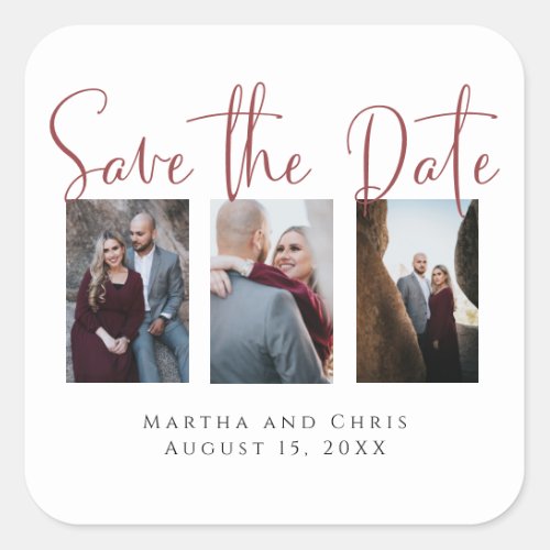 Save the Date 3 Photo Pink Rose Modern Collage  Square Sticker