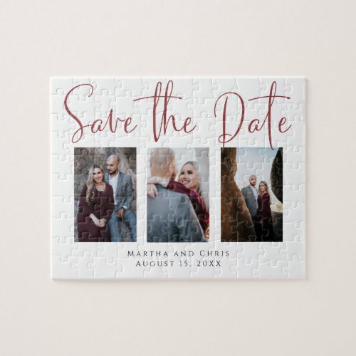 Save the Date 3 Photo Rose Gold Modern Script  Jigsaw Puzzle