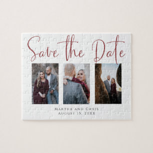 Save the Date 3 Photo Wedding Custom Engagement Jigsaw Puzzle