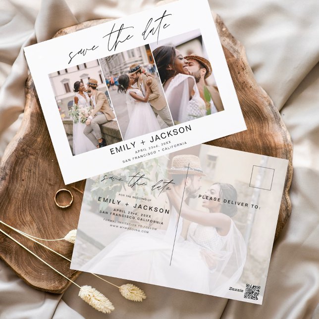 Save the Date 4 Photo Elegant Classy Modern Postcard (Creator Uploaded)