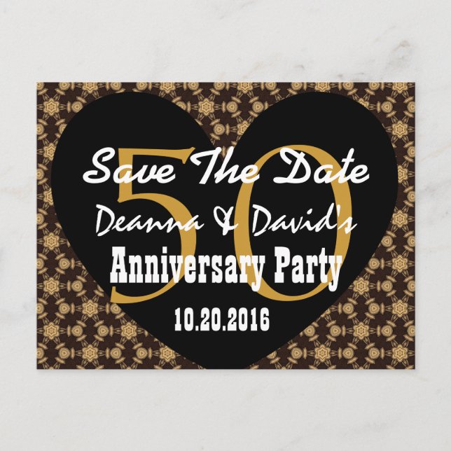 Save the Date 50th Anniversary GOLD BLACK Heart V1 Announcement Postcard (Front)