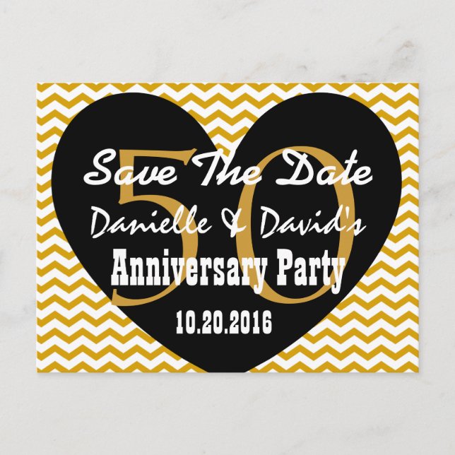 Save the Date 50th Anniversary GOLD BLACK Heart V3 Announcement Postcard (Front)