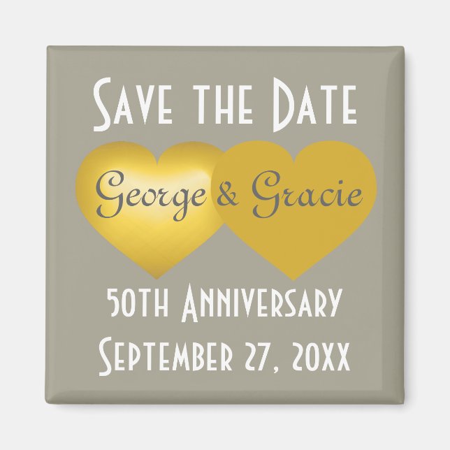 Save the date 50th anniversary gold hearts magnet (Front)