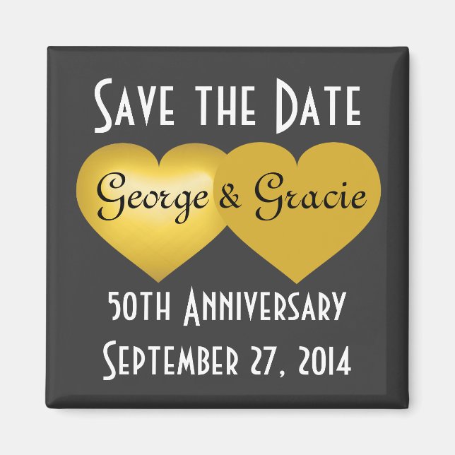 Save the date 50th anniversary gold hearts magnet (Front)