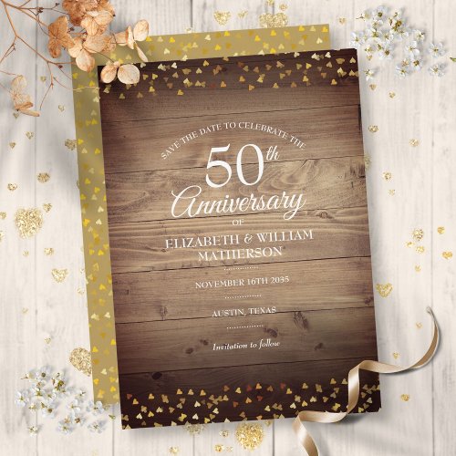 Save the Date 50th Anniversary Rustic Gold Hearts  Invitation