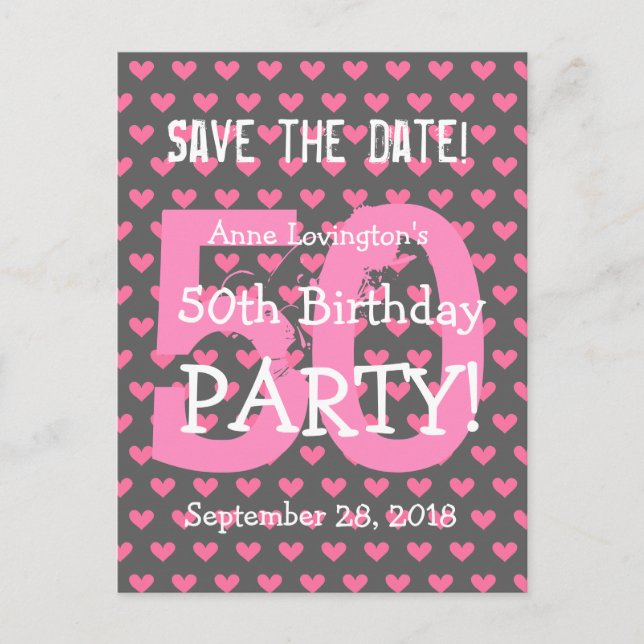 Save the Date 50th Birthday V01K Pink Hearts Announcement Postcard (Front)