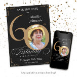 Save The Date 60th Birthday Gold and Black Custom Invitation<br><div class="desc">Save The Date 60th Birthday Gold and Black Custom Invitation. And elegantly designed special birthday celebration save the date,  featuring a custom photo of birthday person and script calligraphy with vintage flourish elements. Simple enough to fit a variety of themes and colors!
Need help? Simply contact me!</div>