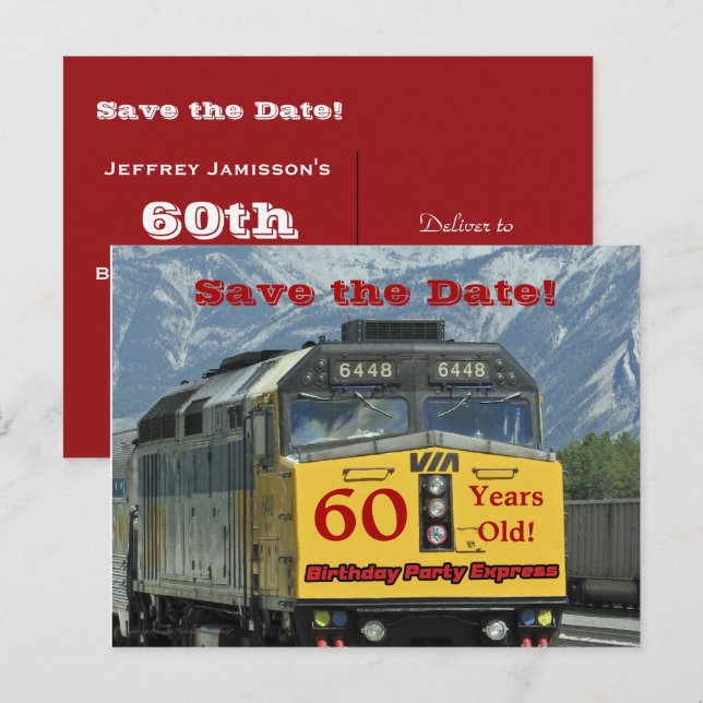 Save the Date 60th Birthday Party Railroad Train Announcement Postcard (Front/Back)