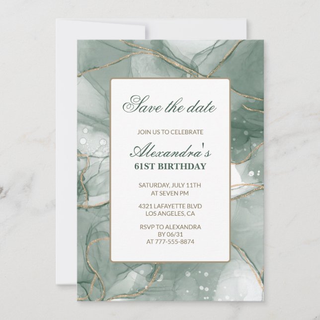 Save the date 61st birthday invitations Green Gold (Front)