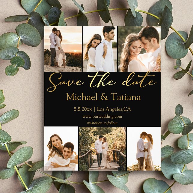 save the date 6 photo collage wedding black gold flyer (Creator Uploaded)