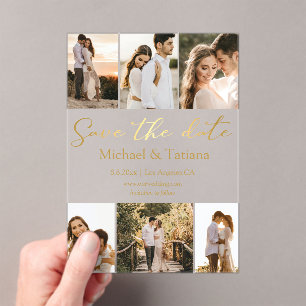 save the date 6 photos collage gold script wedding