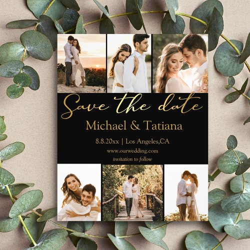 save the date 6 photos collage wedding black gold flyer