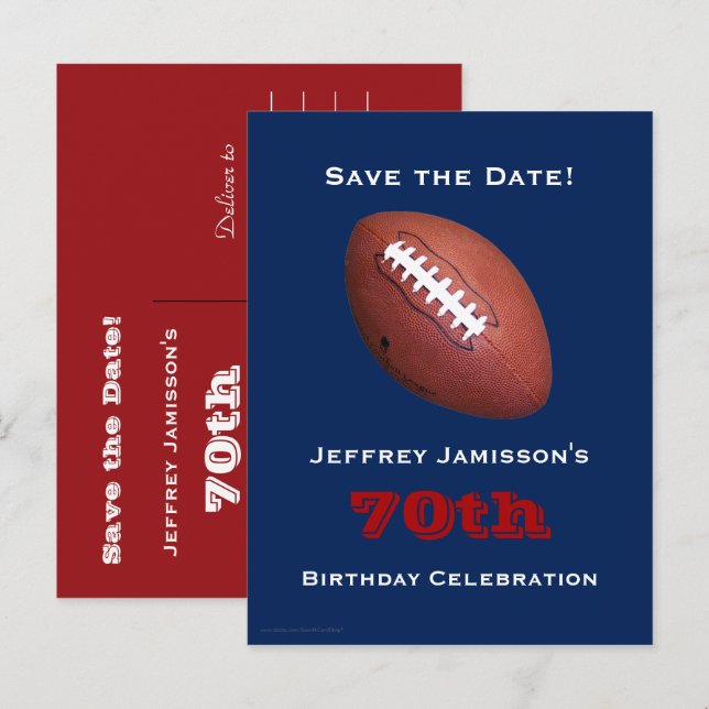 Save the Date 70th Birthday Football  Announcement Postcard (Front/Back)