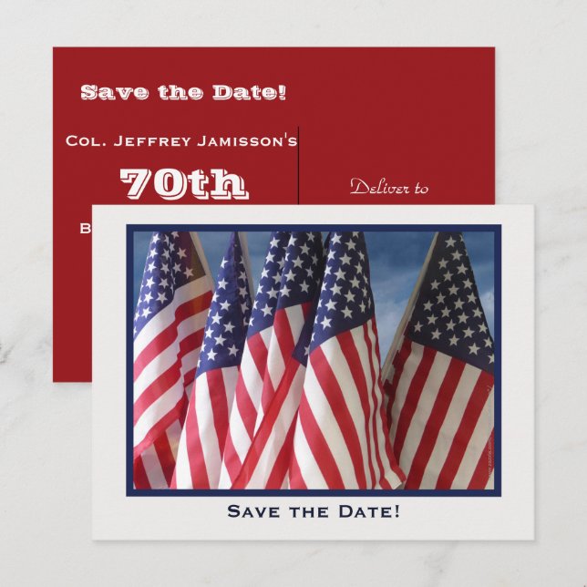 Save the Date 70th Birthday Party, American Flags Announcement Postcard (Front/Back)