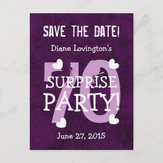 Save the Date 70th Surprise Birthday S70A PURPLE Announcement Postcard