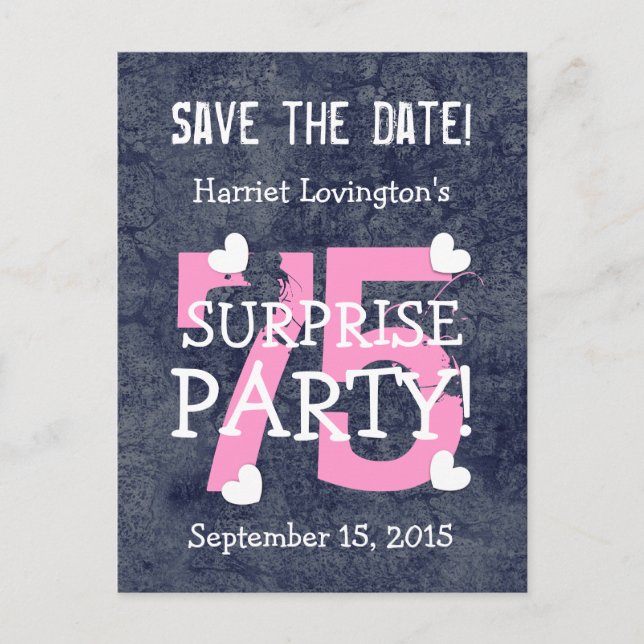 Save the Date 75th Surprise Birthday S75A BLUE Announcement Postcard (Front)