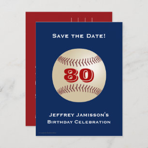 Save the Date 80th Birthday Baseball, Name, Blue Announcement Postcard