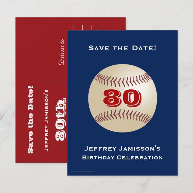 Save the Date 80th Birthday Baseball, Name, Blue Announcement Postcard (Front/Back)