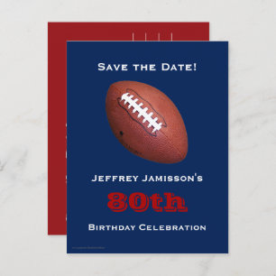 Save the Date 80th Birthday Football Blue Red Announcement Postcard