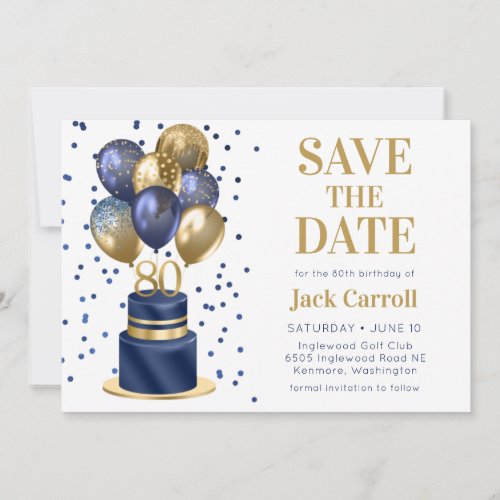 Save The Date 80th Birthday Navy Blue Cake